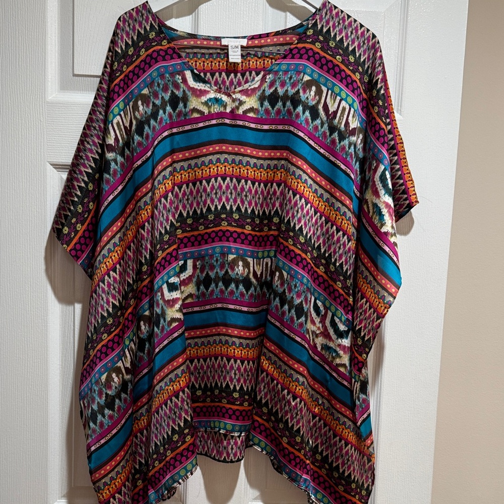 Chico's Multicolor Geometric V-Neck Tunic with Teal & Magenta Stripes S/M